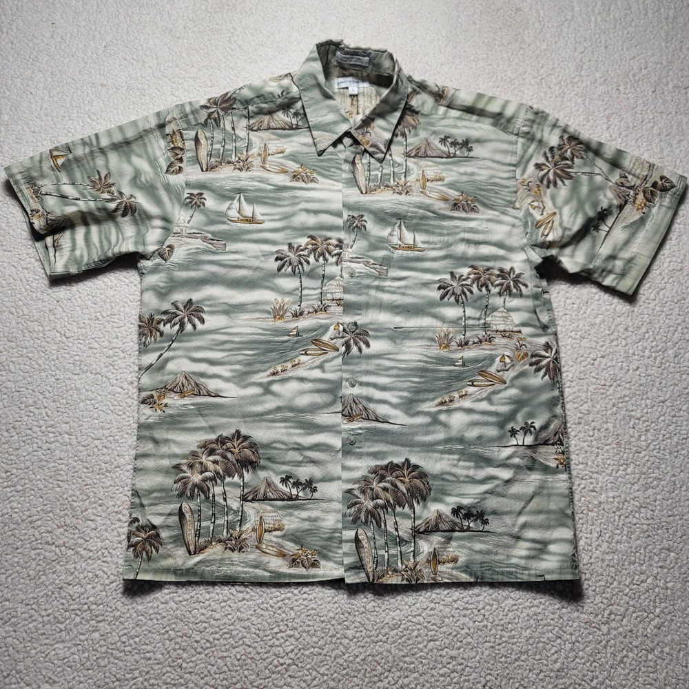 Pierre Cardin Mens Tropical Island Print Cotton Button Down Shirt Green Large